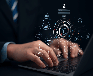 Fully-searchable Invoice Data Index icons representing different data points being displayed over a laptop to represent a centralized digital database.