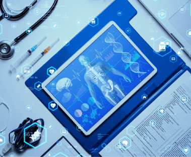 A tablet showing medical graphics next to a folder of medical documents.